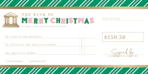 STR-GPK-14-B2850 - STRIPE - GREEN PINK - CHRISTMAS CHEQUE CERTIFICATE - 4" x 8": STR-GPK-14-B2850 - STRIPE - GREEN PINK - CHRISTMAS CHEQUE CERTIFICATE