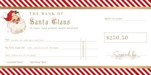 STR-RGW-14-B2851 - STRIPE - RED GOLD WHITE -  CHRISTMAS SANTA CHEQUE CERTIFICATE - 4" x 8": STR-RGW-14-B2851 - STRIPE - RED GOLD WHITE - CHRISTMAS SANTA CHEQUE CERTIFICATE