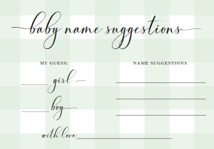 GIN-GRE-10-B2168 - GINGHAM - GREEN - BABY NAME SUGGESTIONS CARD - 3.5" x 5": GIN-GRE-7-B2333 - GINGHAM - GREEN - BABY NAME SUGGESTIONS SIGN AND CARD