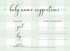 GIN-GRE-10-B2168 - GINGHAM - GREEN - BABY NAME SUGGESTIONS CARD - 4" x 5.5": GIN-GRE-7-B2333 - GINGHAM - GREEN - BABY NAME SUGGESTIONS SIGN AND CARD