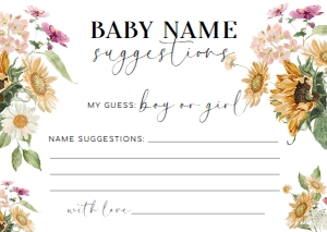MEW-WHT-10-B2885 - MEWS FLORAL - WHITE - BABY NAME SUGGESTIONS CARD - A6: MEW-WHT-10-B2885 - MEWS FLORAL - WHITE - BABY NAME SUGGESTIONS GAME SIGN AND CARD