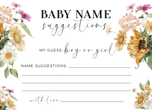 MEW-WHT-10-B2885 - MEWS FLORAL - WHITE - BABY NAME SUGGESTIONS CARD - 4" x 5.5": MEW-WHT-10-B2885 - MEWS FLORAL - WHITE - BABY NAME SUGGESTIONS GAME SIGN AND CARD