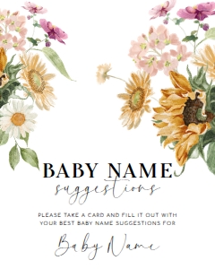MEW-WHT-10-B2885 - MEWS FLORAL - WHITE - BABY NAME SUGGESTIONS SIGN - 8" x 10": MEW-WHT-10-B2885 - MEWS FLORAL - WHITE - BABY NAME SUGGESTIONS GAME SIGN AND CARD