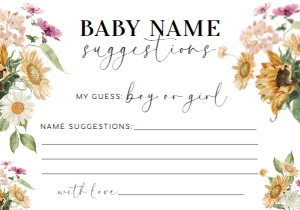 MEW-WHT-10-B2885 - MEWS FLORAL - WHITE - BABY NAME SUGGESTIONS CARD - 3.5" x 5": MEW-WHT-10-B2885 - MEWS FLORAL - WHITE - BABY NAME SUGGESTIONS GAME SIGN AND CARD