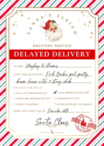 SAW-PMT-6-B2938 - SANTAS WORKSHOP - PINK MULTI - DELAYED DELIVERY TAG - 5" x 7": SAW-PMT-6-B2938 - SANTAS WORKSHOP - PINK MULTI - DELAYED DELIVERY TAG