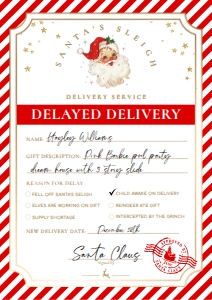 SAW-RED-6-B2938 - SANTAS WORKSHOP - RED - DELAYED DELIVERY TAG - A4: SAW-RED-6-B2938 - SANTAS WORKSHOP - RED - DELAYED DELIVERY TAG
