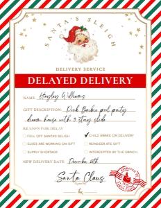 SAW-RDG-6-B2938 - SANTAS WORKSHOP - RED GREEN - DELAYED DELIVERY TAG - 8.5" x 11": SAW-RDG-6-B2938 - SANTAS WORKSHOP - RED GREEN - DELAYED DELIVERY TAG