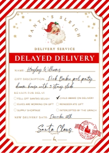 SAW-RED-6-B2938 - SANTAS WORKSHOP - RED - DELAYED DELIVERY TAG - 5" x 7": SAW-RED-6-B2938 - SANTAS WORKSHOP - RED - DELAYED DELIVERY TAG