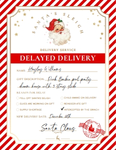 SAW-RED-6-B2938 - SANTAS WORKSHOP - RED - DELAYED DELIVERY TAG - 8.5" x 11": SAW-RED-6-B2938 - SANTAS WORKSHOP - RED - DELAYED DELIVERY TAG
