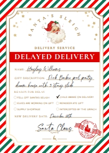 SAW-RDG-6-B2938 - SANTAS WORKSHOP - RED GREEN - DELAYED DELIVERY TAG - 5" x 7": SAW-RDG-6-B2938 - SANTAS WORKSHOP - RED GREEN - DELAYED DELIVERY TAG