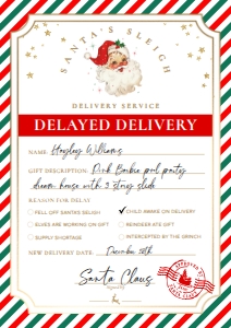 SAW-RDG-6-B2938 - SANTAS WORKSHOP - RED GREEN - DELAYED DELIVERY TAG - A4: SAW-RDG-6-B2938 - SANTAS WORKSHOP - RED GREEN - DELAYED DELIVERY TAG