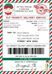 SAW-RDG-6-B2939 - SANTAS WORKSHOP - RED GREEN - ELF SHIPPING LABEL - A4: SAW-RDG-6-B2939 - SANTAS WORKSHOP - RED GREEN - ELF SHIPPING LABEL