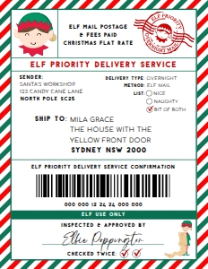 SAW-RDG-6-B2939 - SANTAS WORKSHOP - RED GREEN - ELF SHIPPING LABEL - 8.5" x 11": SAW-RDG-6-B2939 - SANTAS WORKSHOP - RED GREEN - ELF SHIPPING LABEL