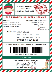 SAW-RDG-6-B2939 - SANTAS WORKSHOP - RED GREEN - ELF SHIPPING LABEL - 5" x 7": SAW-RDG-6-B2939 - SANTAS WORKSHOP - RED GREEN - ELF SHIPPING LABEL