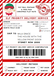 SAW-RED-6-B2939 - SANTAS WORKSHOP - RED - ELF SHIPPING LABEL - 5" x 7": SAW-RED-6-B2939 - SANTAS WORKSHOP - RED - ELF SHIPPING LABEL