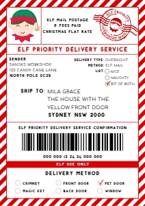 SAW-RED-6-B2939 - SANTAS WORKSHOP - RED - ELF SHIPPING LABEL - A4: SAW-RED-6-B2939 - SANTAS WORKSHOP - RED - ELF SHIPPING LABEL