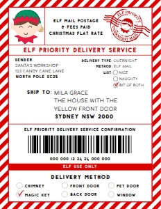 SAW-RED-6-B2939 - SANTAS WORKSHOP - RED - ELF SHIPPING LABEL - 8.5" x 11": SAW-RED-6-B2939 - SANTAS WORKSHOP - RED - ELF SHIPPING LABEL