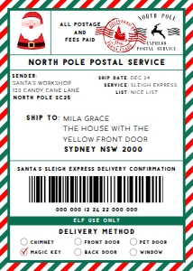 SAW-RDG-6-B2329 - SANTAS WORKSHOP - RED GREEN - SHIPPING LABEL - 5" x 7": SAW-RDG-6-B2329 - SANTAS WORKSHOP - RED GREEN - SHIPPING LABEL