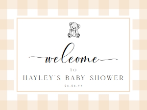 GIN-TAN-3-B2972 - GINGHAM - TAN TEDDY - WELCOME SIGN - LANDSCAPE - 18" x 24": GIN-TAN-3-B2972 - GINGHAM - TAN TEDDY - WELCOME SIGN