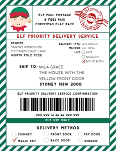 SAW-GRE-6-B2939 - SANTAS WORKSHOP - GREEN - ELF SHIPPING LABEL - 8.5" x 11": SAW-GRE-6-B2939 - SANTAS WORKSHOP - GREEN - ELF SHIPPING LABEL