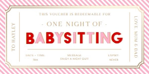 STR-PKR-14-B3013 - STRIPE - PINK RED - BABYSITTING GIFT CERTIFICATE - 4" x 8": STR-PKR-14-B3013 - STRIPE - PINK RED - BABYSITTING GIFT CERTIFICATE