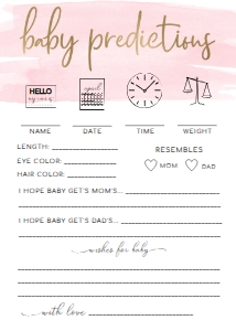 WAT-PNK-10-B400 - WATERCOLOUR PINK - GOLD - BABY PREDICTIONS GAME - 5" x 7": WAT-PNK-10-B598 - WATERCOLOUR PINK - GOLD - BABY SHOWER GAME BUNDLE