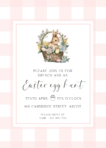 GIN-PNK-1-B3051 - GINGHAM - PINK BUNNY BASKET - EASTER EGG HUNT INVITATION - 5" x 7": GIN-PNK-1-B3051 - GINGHAM - PINK BUNNY BASKET - EASTER EGG HUNT INVITATION