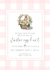 GIN-PNK-1-B3051 - GINGHAM - PINK BUNNY BASKET - EASTER EGG HUNT INVITATION - A6: GIN-PNK-1-B3051 - GINGHAM - PINK BUNNY BASKET - EASTER EGG HUNT INVITATION