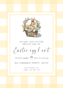 GIN-YEL-1-B3051 - GINGHAM - YELLOW BUNNY BASKET - EASTER EGG HUNT INVITATION - 5" x 7": GIN-YEL-1-B3051 - GINGHAM - YELLOW BUNNY BASKET - EASTER EGG HUNT INVITATION