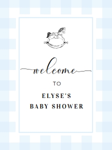 GIN-BLU-3-B2198 - GINGHAM - BLUE ROCKING HORSE - WELCOME SIGN - PORTRAIT - 18" x 24": GIN-BLU-3-B2198 - GINGHAM - BLUE ROCKING HORSE - WELCOME SIGN