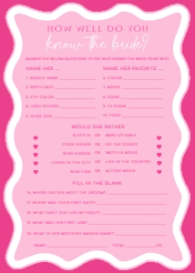 WAV-HPK-10-B3056 - WAVE -  HOT PINK - KNOW THE BRIDE GAME - 5" x 7": WAV-HPK-10-B3056 - WAVE - HOT PINK - KNOW THE BRIDE GAME
