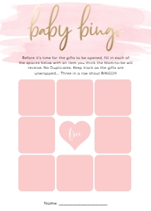 WAT-PNK-10-B451 - WATERCOLOUR PINK - GOLD - BABY SHOWER BINGO 9 SQUARE GAME - 5" x 7": WAT-PNK-10-B598 - WATERCOLOUR PINK - GOLD - BABY SHOWER GAME BUNDLE