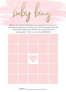 WAT-PNK-10-B451 - WATERCOLOUR PINK - GOLD - BABY SHOWER BINGO 25 SQUARE GAME - 5" x 7": WAT-PNK-10-B598 - WATERCOLOUR PINK - GOLD - BABY SHOWER GAME BUNDLE