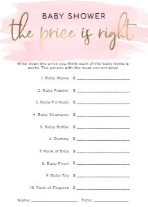 WAT-PNK-10-B246 - WATERCOLOUR PINK - GOLD - BABY SHOWER PRICE IS RIGHT GAME - 5" x 7": WAT-PNK-10-B598 - WATERCOLOUR PINK - GOLD - BABY SHOWER GAME BUNDLE