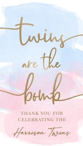 WAT-PNB-6-B2825 - WATERCOLOUR PINK BLUE - GOLD - TWINS ARE THE BOMB TAG - 2" x 3.5": WAT-PNB-6-B2825 - WATERCOLOUR PINK BLUE - GOLD - TWINS ARE THE BOMB TAG