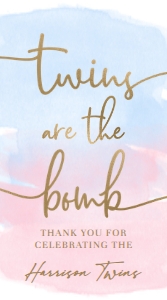 WAT-PNB-6-B2825 - WATERCOLOUR PINK BLUE - GOLD - TWINS ARE THE BOMB TAG - 5cm x 9cm: WAT-PNB-6-B2825 - WATERCOLOUR PINK BLUE - GOLD - TWINS ARE THE BOMB TAG