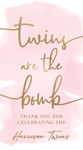 WAT-PNK-6-B2825 - WATERCOLOUR PINK - GOLD - TWINS ARE THE BOMB TAG - 5cm x 9cm: WAT-PNK-6-B2825 - WATERCOLOUR PINK - GOLD - TWINS ARE THE BOMB TAG