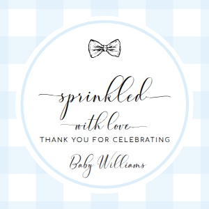 GIN-BLU-6-B3125 - GINGHAM - BLUE BOW TIE - SPRINKLED WITH LOVE TAG - CIRCLE - 5cm: GIN-BLU-6-B3125 - GINGHAM - BLUE BOW TIE - SPRINKLED WITH LOVE TAG
