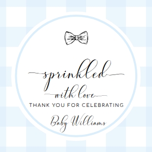 GIN-BLU-6-B3125 - GINGHAM - BLUE BOW TIE - SPRINKLED WITH LOVE TAG - CIRCLE - 2": GIN-BLU-6-B3125 - GINGHAM - BLUE BOW TIE - SPRINKLED WITH LOVE TAG