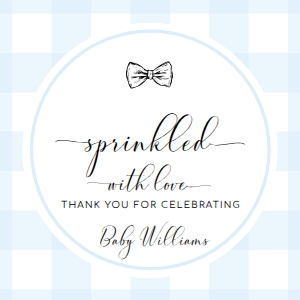 GIN-BLU-6-B3125 - GINGHAM - BLUE BOW TIE - SPRINKLED WITH LOVE TAG - CIRCLE - 2.5": GIN-BLU-6-B3125 - GINGHAM - BLUE BOW TIE - SPRINKLED WITH LOVE TAG