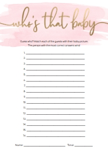 WAT-PNK-10-B1462 - WATERCOLOUR PINK - GOLD - WHO'S THAT BABY PHOTO GAME GUESS CARD - 5" x 7": WAT-PNK-10-B1462 - WATERCOLOUR PINK - GOLD - WHO'S THAT BABY GAME