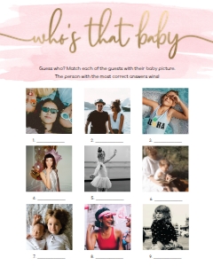 WAT-PNK-10-B1462 - WATERCOLOUR PINK - GOLD - WHO'S THAT BABY PHOTO GAME - 9 PHOTOS - 16" x 20": WAT-PNK-10-B1462 - WATERCOLOUR PINK - GOLD - WHO'S THAT BABY GAME