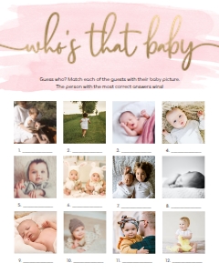 WAT-PNK-10-B1462 - WATERCOLOUR PINK - GOLD - WHO'S THAT BABY PHOTO GAME - 12 PHOTOS - 16" x 20": WAT-PNK-10-B1462 - WATERCOLOUR PINK - GOLD - WHO'S THAT BABY GAME
