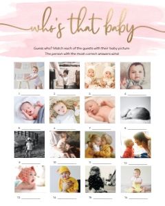 WAT-PNK-10-B1462 - WATERCOLOUR PINK - GOLD - WHO'S THAT BABY PHOTO GAME - 16 PHOTOS - 16" x 20": WAT-PNK-10-B1462 - WATERCOLOUR PINK - GOLD - WHO'S THAT BABY GAME