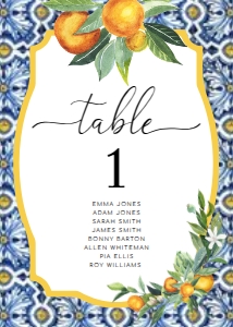 POS-BLO-9-B023-POSITANO BLUE TILE - ORANGES - TABLE NUMBERS - GUEST NAME - 5" x 7": POS-BLO-9-B023 - POSITANO BLUE TILE - ORANGES - TABLE NUMBERS