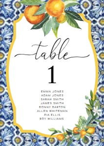 POS-BLO-9-B023-POSITANO BLUE TILE - ORANGES - TABLE NUMBERS - GUEST NAMES - A6: POS-BLO-9-B023 - POSITANO BLUE TILE - ORANGES - TABLE NUMBERS