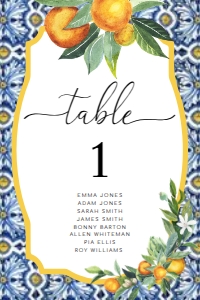 POS-BLO-9-B023-POSITANO BLUE TILE - ORANGES - TABLE NUMBERS - GUEST NAMES - 4" x 6": POS-BLO-9-B023 - POSITANO BLUE TILE - ORANGES - TABLE NUMBERS