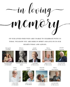 LEY-WHT-7-B1973 - LEYTON SCRIPT - WHITE - IN LOVING MEMORY PHOTO SIGN - PORTRAIT - 9 PHOTOS - 8" x 10": LEY-WHT-7-B1973 - LEYTON SCRIPT - WHITE - IN LOVING MEMORY PHOTO SIGN
