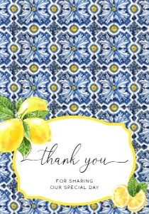 POS-BLY-8-B367 - POSITANO BLUE TILE - LEMONS - THANK YOU FOLDED CARD - 5" x 7": POS-BLY-8-B367 - POSITANO BLUE TILE - LEMONS - THANK YOU CARD