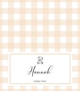 GIN-TAN-5-B3301 - GINGHAM - TAN TEDDY - TENT PLACE CARD - 3.5" x 4": GIN-TAN-5-B3301 - GINGHAM - TAN TEDDY - PLACE CARDS